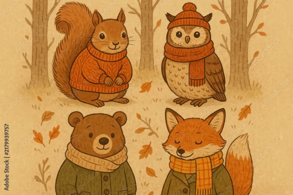 Fototapeta premium Cute autumn animals illustration wallpaper background