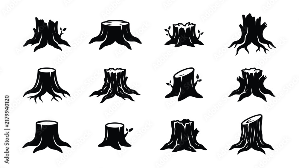 Fototapeta premium Various tree stumps with different shapes and root details on transparent background