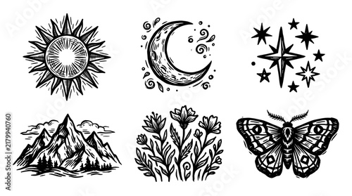 Linocut Celestial and Nature Elements Vector Set