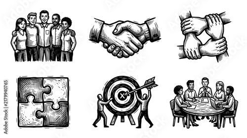 Hand-drawn teamwork and collaboration business icons set