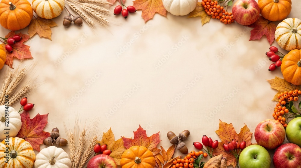 Fototapeta premium Autumn harvest frame with pumpkins apples leaves and wheat ears featuring a central copy space area for seasonal thanksgiving holiday greeting cards and festive decorations