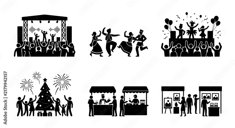 Fototapeta premium Celebration Icons: Concert Crowd, Dancing People, Festive Party, Christmas Tree, Market Stalls, Art Gallery