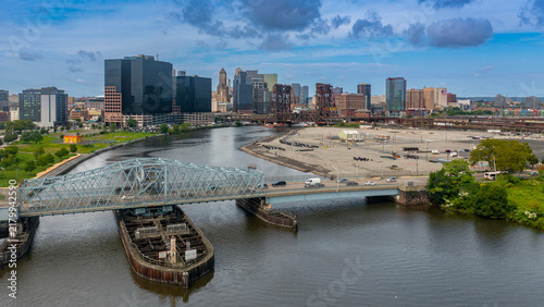 Newark New Jersey City Skyline Aerial View with Passaic River and Bridge