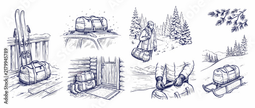 Ski trip winter luggage set vector sketch illustration showing duffel bags, skis, car roof rack, sled, outdoor snow adventure, and cabin trip elements for seasonal travel activity background design.