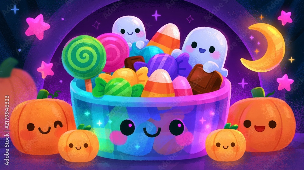 Fototapeta premium Halloween candy bucket with pumpkins and ghosts in a spooky scene 