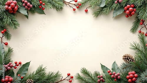 Christmas festive border with pine branches and red winter berries frame for holiday design