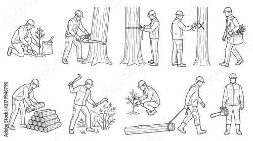 Forester managing woodland line art set forestry activities vector illustration