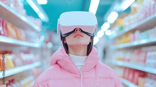 Exploring Virtual Reality: A Young Woman's Immersive Journey in a Colorful Aisle