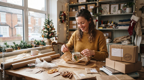 Small business owner packaging handmade christmas gifts using twine and kraft paper