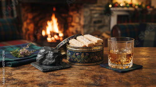 Scotch whiskey with coal and tin of shortbread near fireside warm ambiance