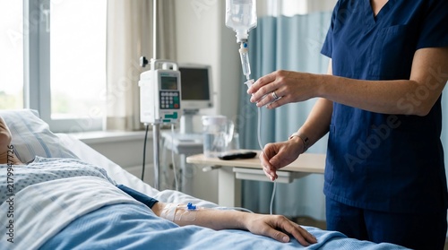 Nurse preparing intravenous infusion for a patient in a hospital room