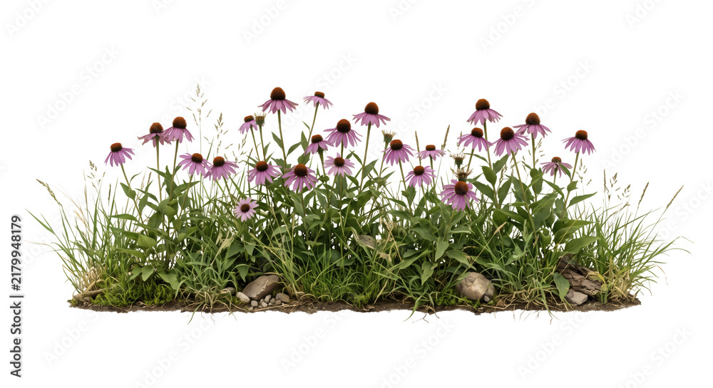 Obraz premium Realistic isolated plant featuring purple coneflower garden border with long stems, grasses, and natural rocks on a transparent background, with visible roots, with clean edges, high resolution.