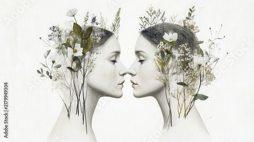 Ethereal Connection: Double Portrait of Women Blending Nature's Beauty and Human Emotion