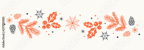 Border holly decor with ornament christmas line and poinsettia xmas snowflake. Garland pattern star with frame illustration corner and winter decorative background.