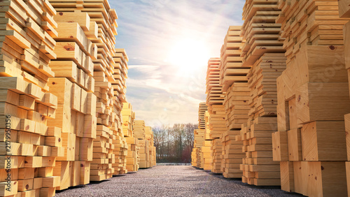 Large stacks of freshly cut wooden lumber boards stored outdoors in a timber yard, illuminated by warm sunlight. Construction timber, sawn wood, 