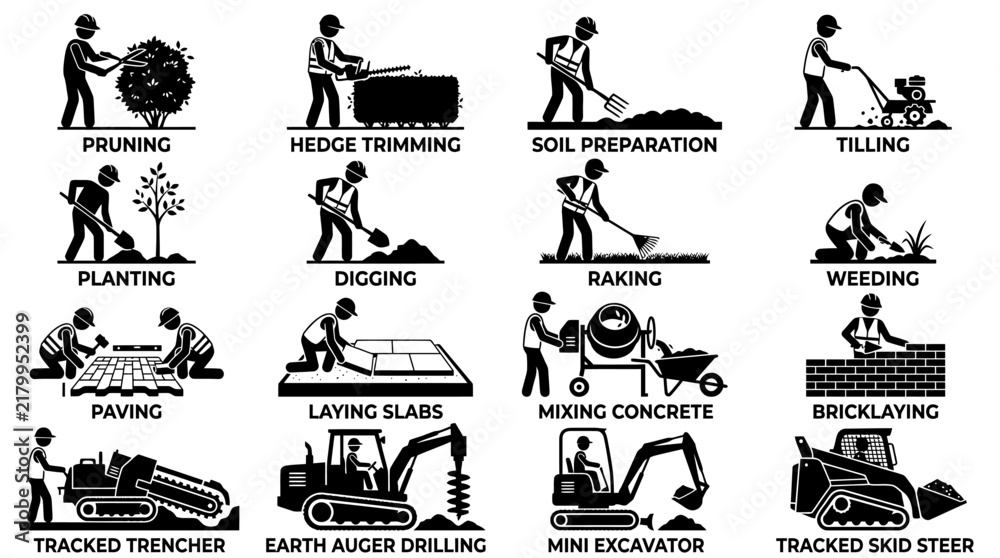 Fototapeta premium Professional landscaping and heavy machinery operator pictograms for construction services.