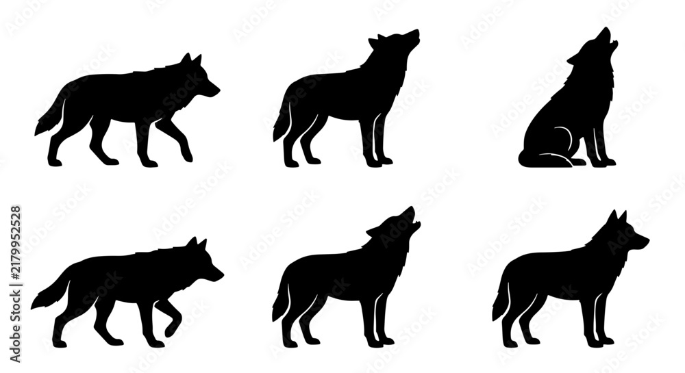 Obraz premium Wolf Silhouettes, Wild Animal Poses, Nature Wildlife Vector Icons, Canine Spirit