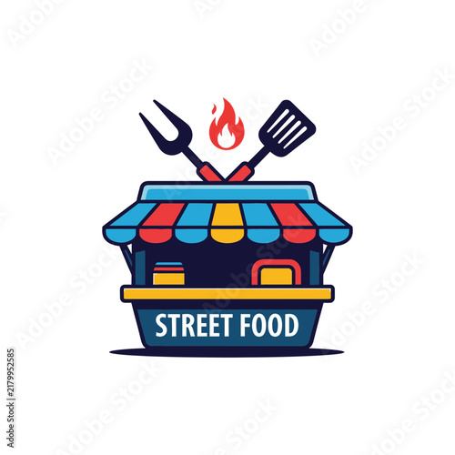 Vibrant food stall icon with crossed spatula and fork over a striped awning, representing a street restaurant logo concept for food truck branding, cafe signage, and culinary business marketing.
