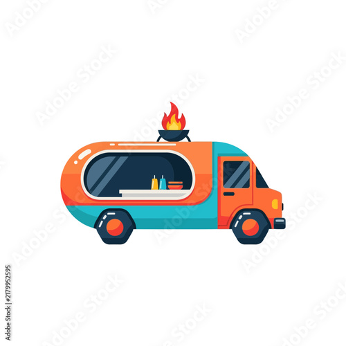Modern street restaurant logo with a flaming grill on top and colorful service window, concept for mobile food brand identity, perfect for catering business marketing and festival promotion.