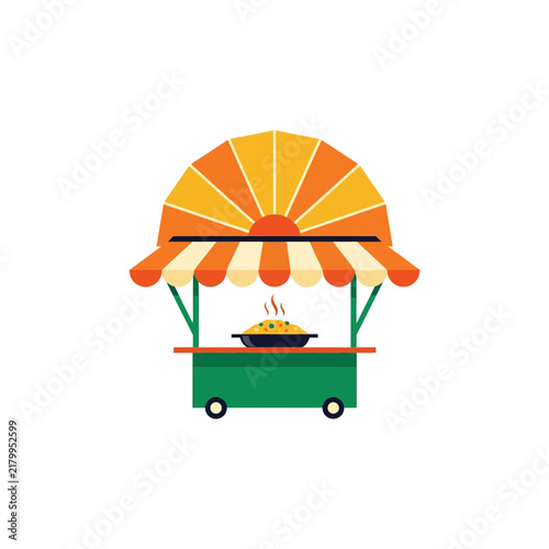 Vibrant street restaurant logo with a striped orange awning and steaming hot food dish representing delicious outdoor dining culture, perfect for food truck branding and culinary business marketing