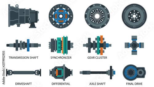 Modern flat icons with labeled truck transmission parts, gears, and differentials on a white background, concept for automotive mechanics, ideal for car repair shop websites and digital infographics.