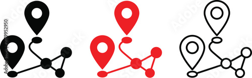 Set of location pin icons with connected network nodes, route map symbols, navigation markers, vector illustration