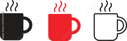 Set of three coffee mug icons in different styles, including solid black, solid red, and black outline, representing hot drinks and beverage concepts