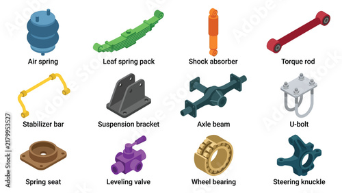 Colorful truck parts icon set with labeled isometric suspension and steering components, concept for heavy vehicle maintenance, suitable for automotive catalogs and garage service advertising