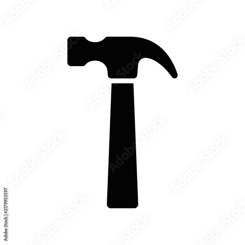 Silhouette of a hammer icon on a plain white background with representing tools construction