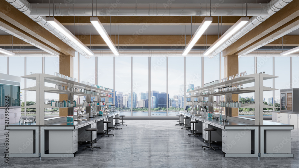 Fototapeta premium Modern spacious research laboratory interior with workstations, wooden beams, panoramic window city view, and bright ceiling lighting. 3d illustration