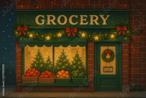 Cozy festive grocery storefront background