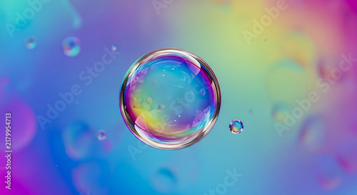Colorful soap bubble with rainbow reflection floating in light