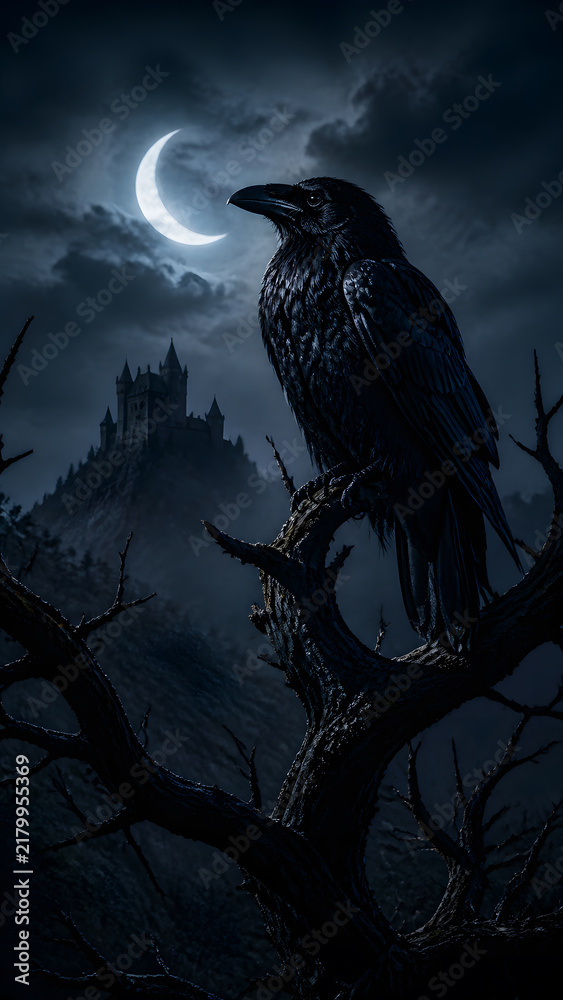 Obraz premium Raven perched on thorny branch beside glowing crescent moon overlooking distant castle upon misty hill night