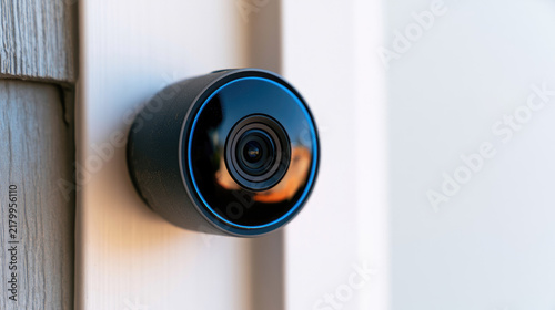 Smart video doorbell camera with blue LED ring on wood wall in daylight