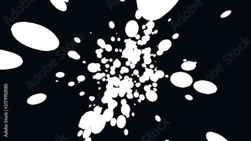 Fotografie Explosion of White Dots: A dynamic burst of white elliptical shapes scattered across a stark black background, creating a sense of explosive energy and abstract motion