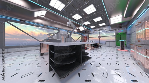 宇宙船内の会議室　3DCGレンダリング