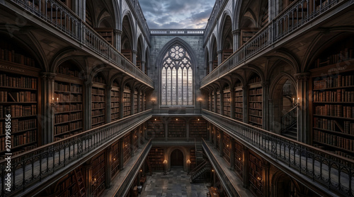 Magnificent interior of historic multi-level library with tall wooden bookshelves filled with old books, ornate wrought iron balconies and spiral staircases, arched glass skylight ceiling