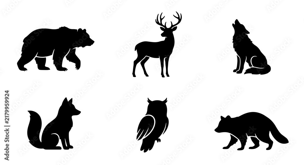Obraz premium Wild Forest Animals Silhouettes, Woodland Creatures Vector Icons, Nature Wildlife Graphics