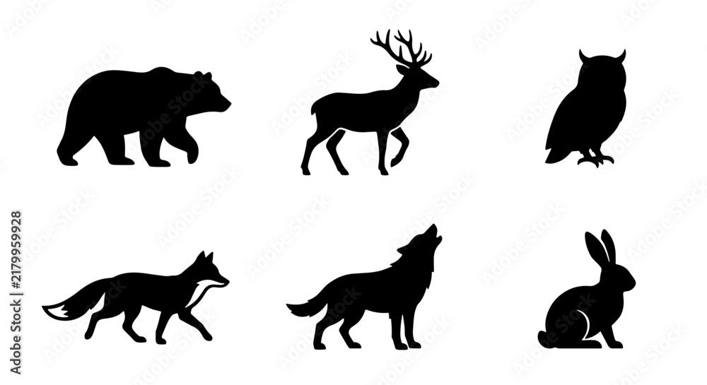 Obraz premium Forest Wildlife Silhouettes: Bear, Deer, Owl, Fox, Wolf, Rabbit Icons Set