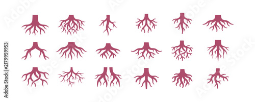 A collection of diverse tree root system silhouettes arranged in a grid on a light background