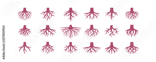 A collection of various tree root silhouettes arranged in a grid on a light background