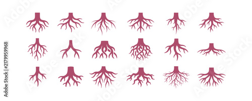 A collection of various tree root silhouettes isolated on a light background