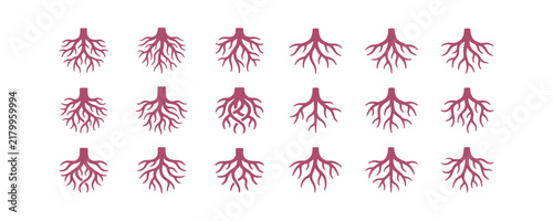 A collection of various tree root system icons arranged in a grid on a light background