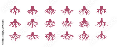 A collection of various tree root silhouettes arranged in a grid on a light beige background