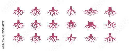 A collection of various tree root systems and a single tree stump in a flat vector style