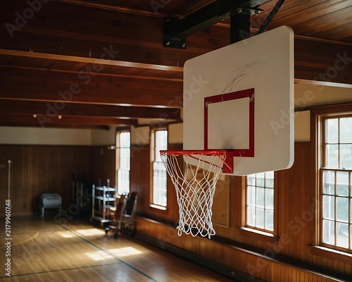 Indoor basketball hoop mounted in a historic wooden gymnasium with vintage windows