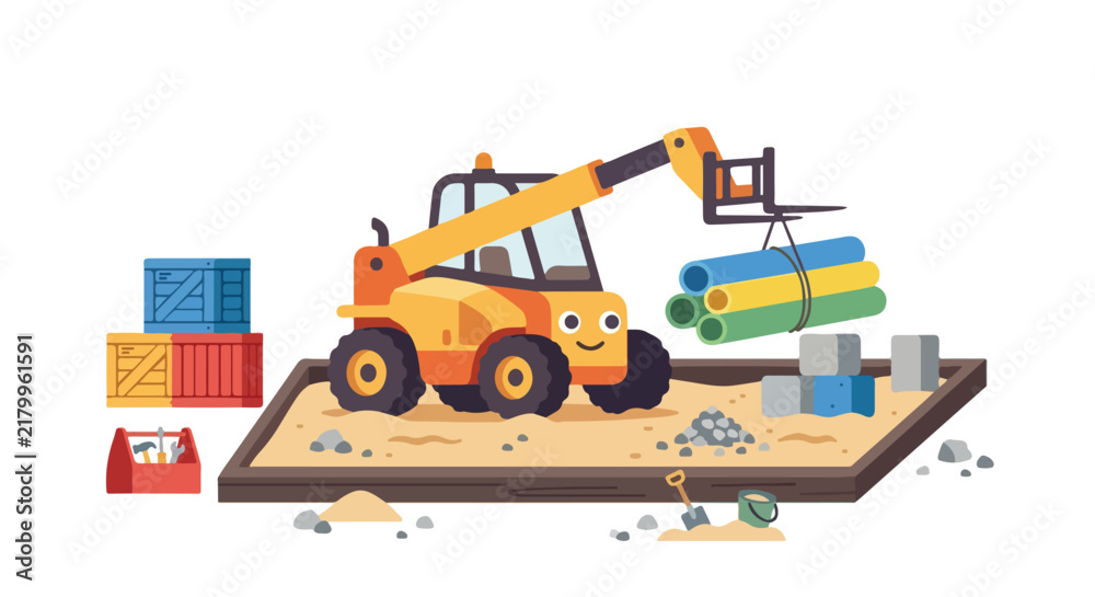 Naklejka premium A cute cartoon telehandler holds colorful pipes at a construction site with tools, crates, and blocks nearby.