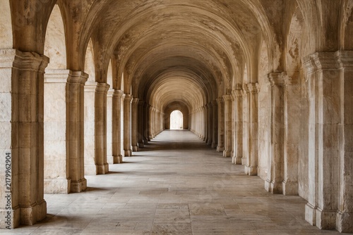 Ancient stone corridor with symmetrical arches and columns in historic monastery. Medieval romanesque architecture hallway with perspective and natural light.