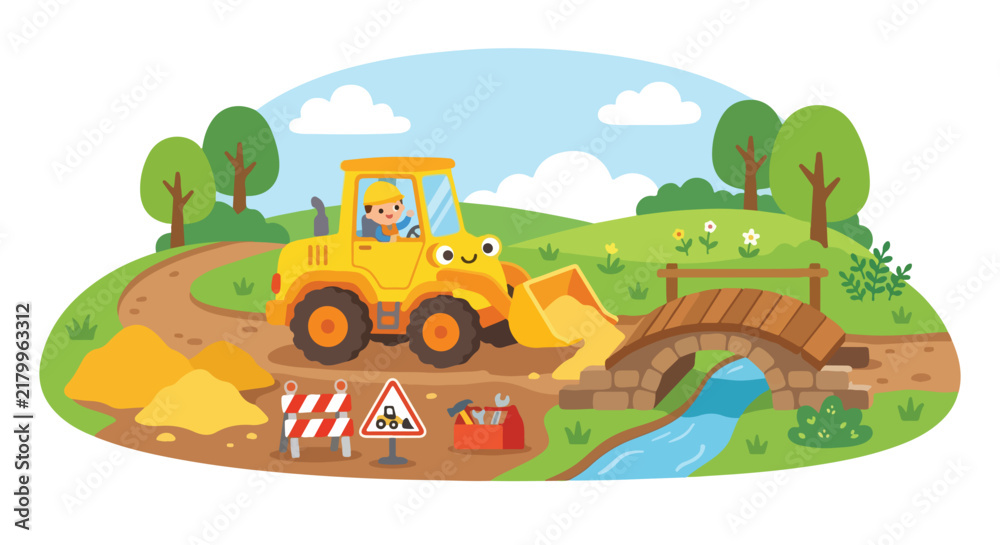 Fototapeta premium A cute cartoon driver operates a yellow excavator near a wooden bridge in a scenic countryside landscape under a sunny sky.