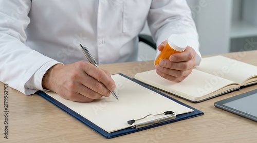 Doctor Writing Prescription Holding Pill Bottle.